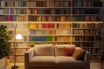 A stylish home library with a modern design, showcasing an elegant bookshelf filled with colorful books, a cozy sofa, and gentle lighting from a floor lamp.