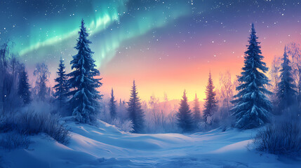 Fantasy winter landscape with northern light as christmas wallpaper background Generative AI .