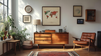Mid Century Modern Living Room with Wooden Cabinet, Plants, and World Map