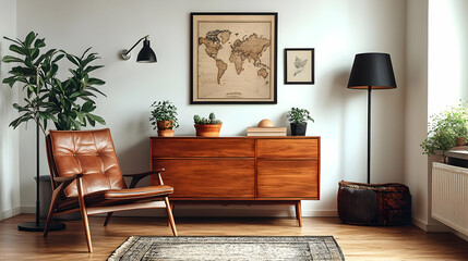 Mid Century Modern Living Room Decor with Vintage Map & Plants