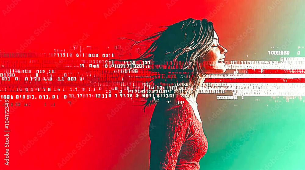 Poster a woman integrates into a vibrant matrix of binary code, representing the surreal blend of human and
