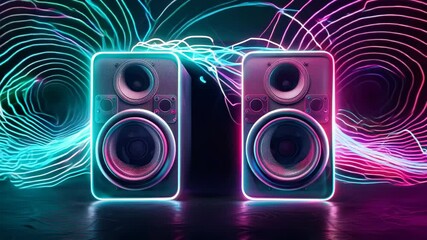 Vibrant neon speakers radiate energy amidst colorful light waves, embodying a lively atmosphere ideal for music, technology, or nightlife themes in promotional content.