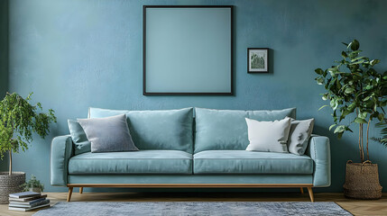 Living Room Design with Blue Sofa and Green Plants