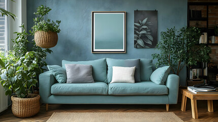 Modern Living Room Design with Blue Sofa and Plants