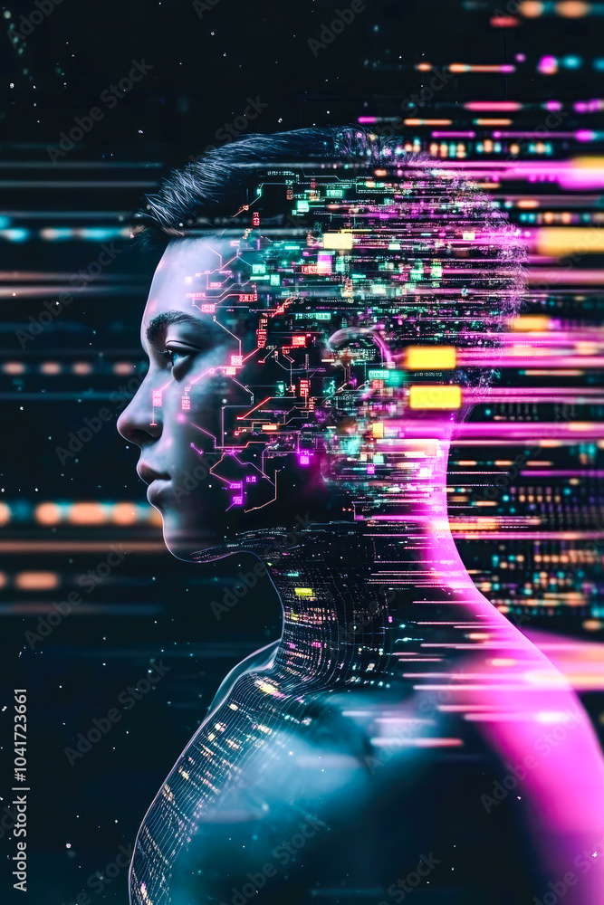 Poster a profile view of a person with a digital explosion merging with their head, symbolizing technology 