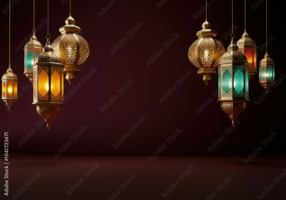 Poster golden and teal metal lanterns with intricate patterns hanging on a dark background, creating a fest