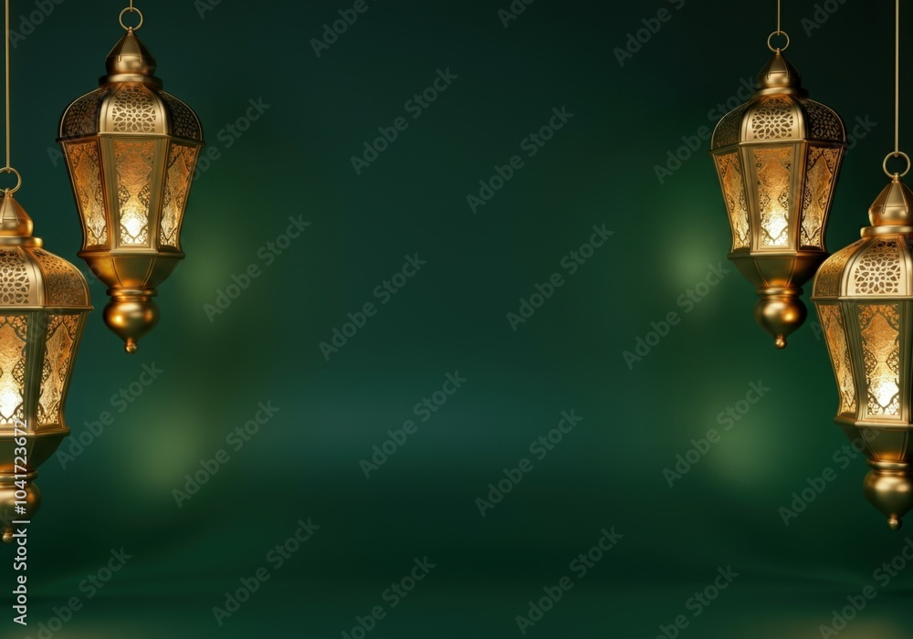 Poster elegant golden lanterns with intricate patterns casting a warm glow on a green background