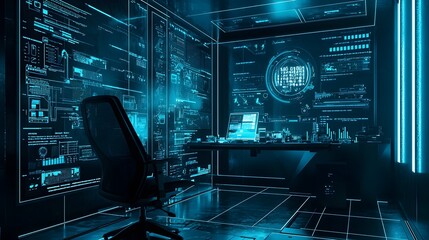 Naklejka premium Cutting edge home office setup with sleek minimalist design and interactive holographic displays presenting real time data and information for enhanced productivity and efficiency