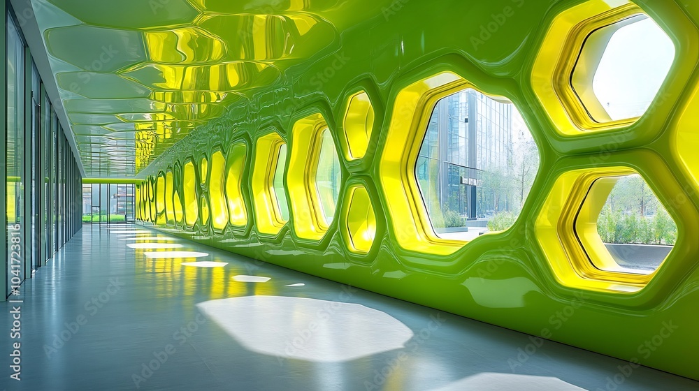 Poster vibrant lime green tech wall with hexagonal cutouts and glossy details infusing spaces with energy a