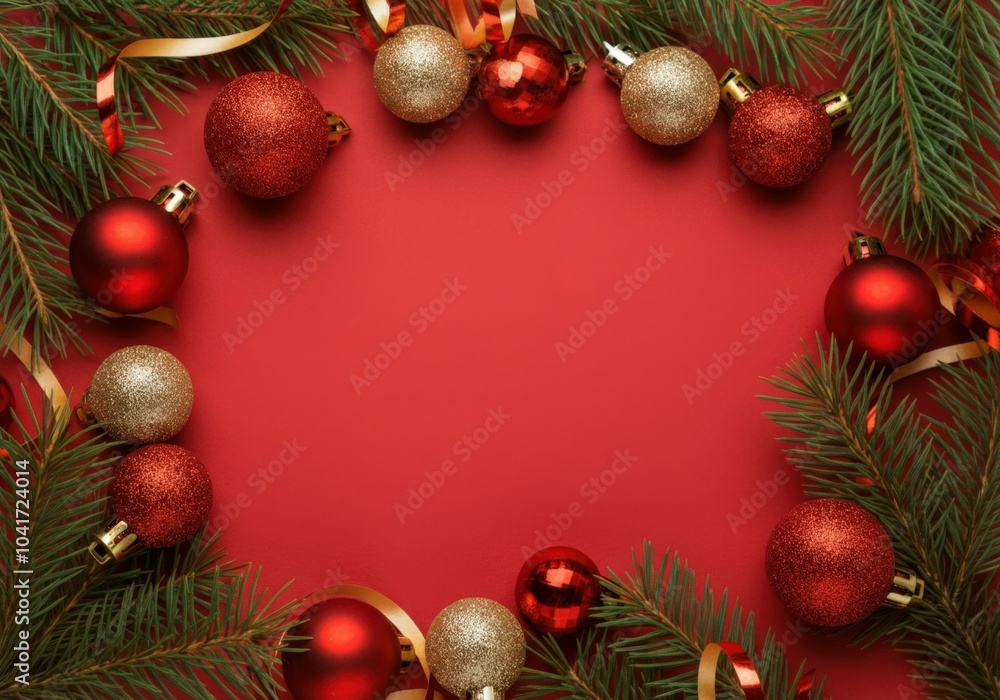 Poster christmas ornaments and fir tree branches making a frame with copy space on red background