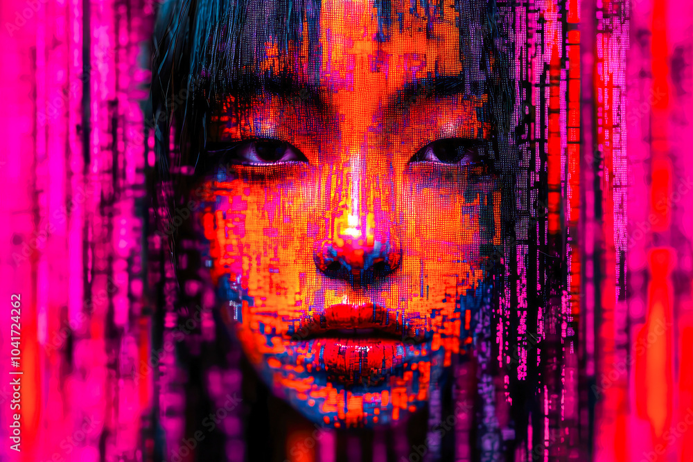 Poster a vivid, abstract face with pink data streams flowing across, illustrating a union between human emo