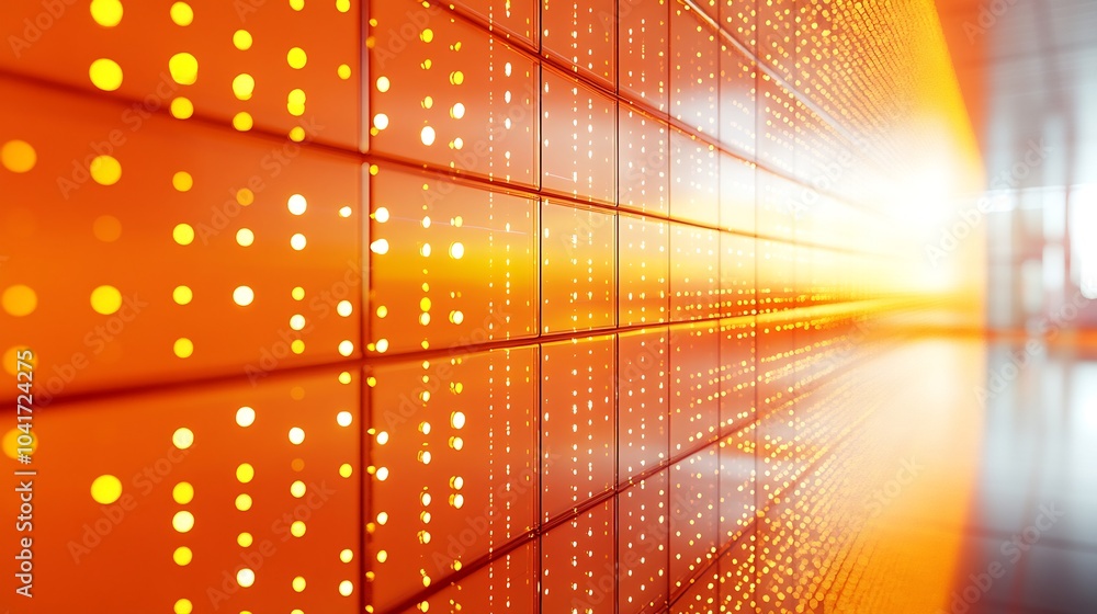 Poster vibrant orange tech wall with intricate grid patterns and subtle gloss radiating a warm yet futurist