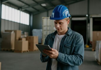 Fototapeta premium Warehouse worker wearing hardhat using digital tablet checking inventory in a logistics center