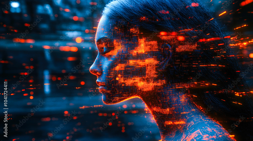 Poster silhouette of a person with blue and red digital patterns, capturing the concept of human and machin