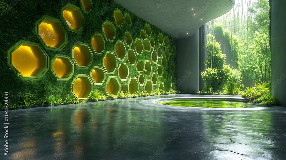 Poster vibrant lime green tech wall with hexagonal cutouts and glossy details infusing spaces with energy a