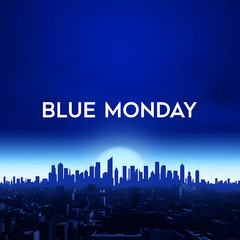 Fototapeta premium A Blue Monday background against a blue background and silhouette of a cityscape