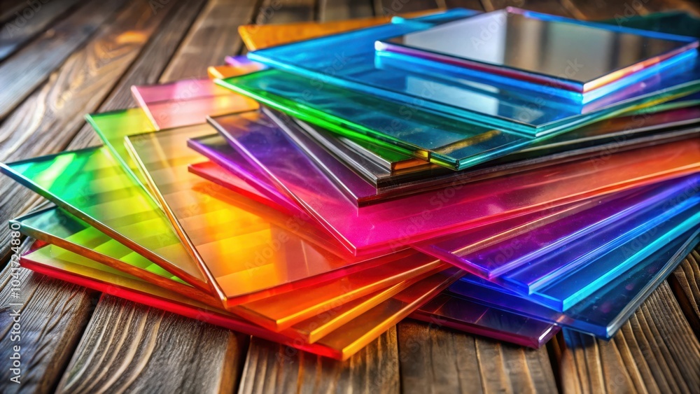Poster A stack of colorful glass panels, showcasing a spectrum of hues, lies on a rustic wooden surface, reflecting light and revealing the intricate patterns within each pane.