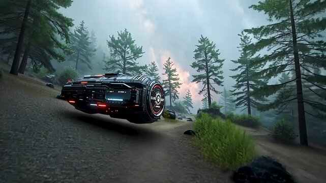 A Flying Vehicle Surveys a Lush Forest Landscape on a Distant World