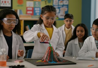 Elementary school students wearing safety goggles and lab coats performing a volcano experiment in class