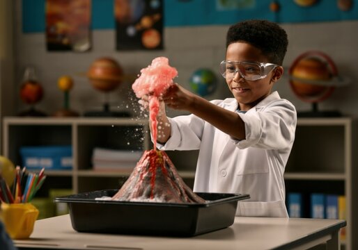 Young scientist smiles as he causes a chemical reaction during his elementary school's science fair - Powered by Adobe