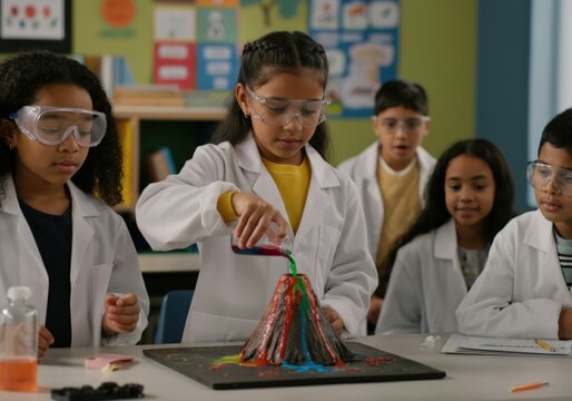 Elementary school students wearing safety goggles and lab coats performing a volcano experiment in class