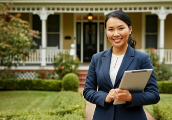 Real estate agent smiling and holding digital tablet in front of house