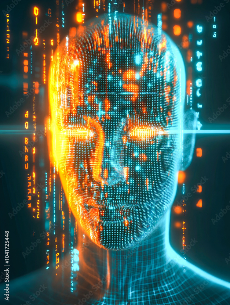 Poster a synthetic digital face filled with data in an artistic arrangement, symbolizing a fusion of human 