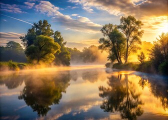 Obraz premium Softly Radiant Mist Ascends from Tranquil River Surface Creating Serene Landscape Atmosphere
