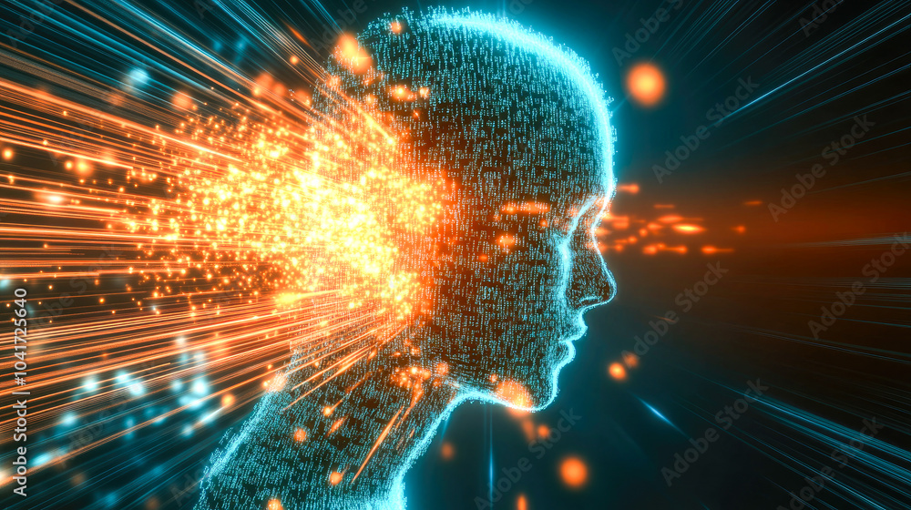 Poster a human profile formed of digital data and spark-like elements, representing technology and human co