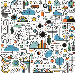 Contemporary illustrations featuring abstract forms, whimsical and charming cartoon characters, along with playful doodles.Ideal for use in posters, postcards, or as background be Illustrator Artwork