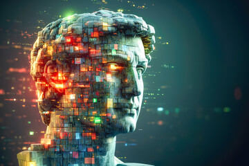 A face constructed from colorful digital pixels, showcasing the blend of artistry and technology in a modernized portrait.