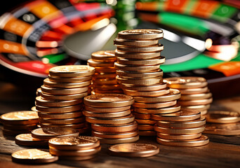 Stack of gold coins with roulette wheel, casino theme - concept of finance, luck, and gambling
