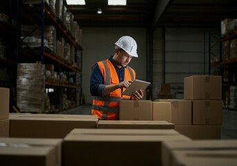 Warehouse worker is using a digital tablet, checking inventory in a storage room