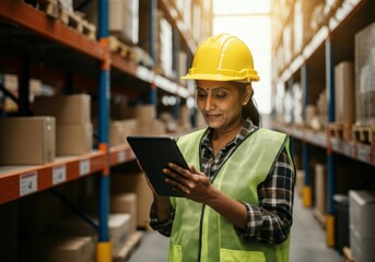 Smiling mature indian female warehouse worker using digital tablet and managing inventory in large distribution warehouse