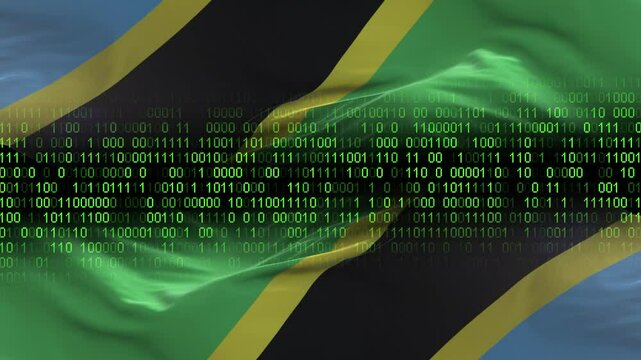 Tanzania flag - 3D realistic waving flag on matrix digital background with binary code