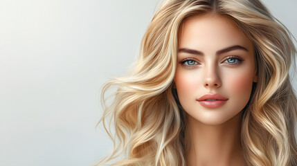 Fototapeta premium Elegant and Radiant Blonde Woman in a Bright Portrait on White Background for Modern Wallpaper Design