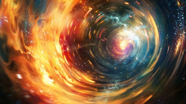 A digital painting of a star collapsing into a black hole with gravitons tering and swirling around the event horizon.