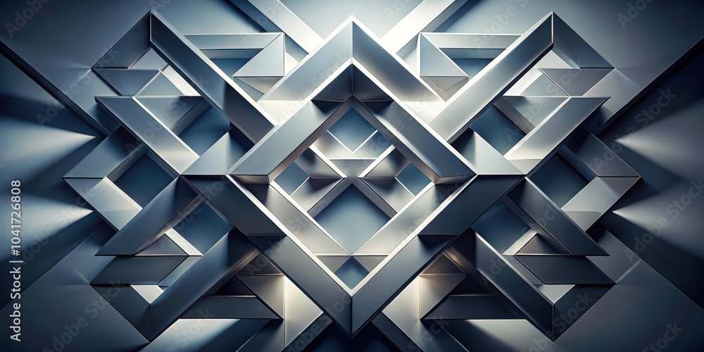 Poster interlocking geometric shapes forming a complex pattern of light and shadow