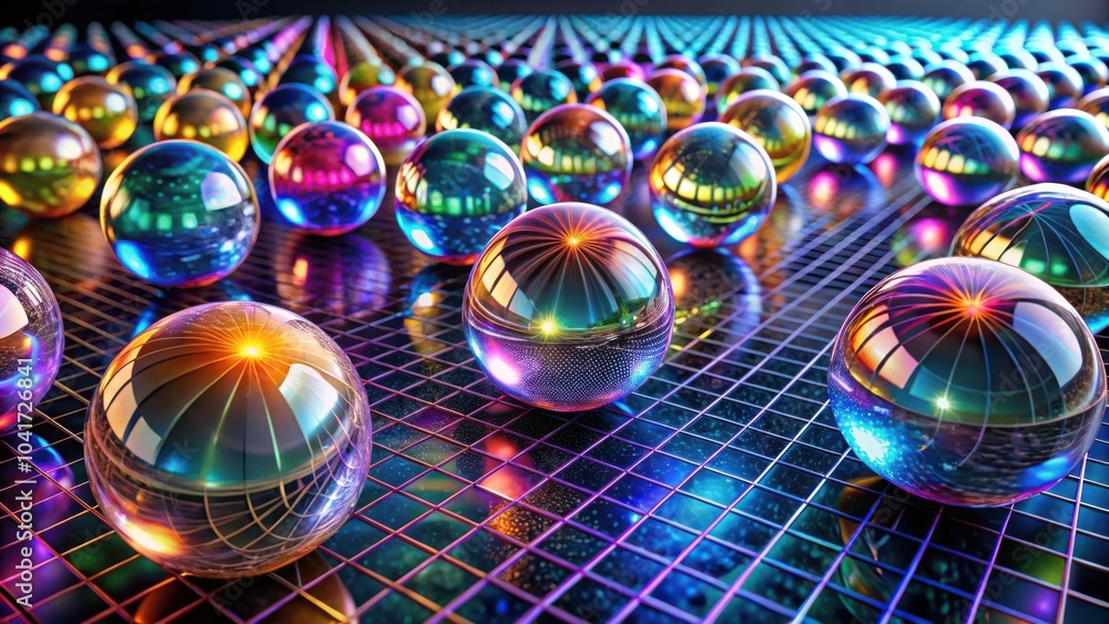 Poster A symphony of iridescent spheres arranged on a grid of light, reflecting a universe of color and luminescence