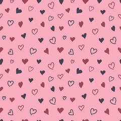 Seamless pattern with hand drawn hearts on a pink background for Valentine's Day. Abstract universal background. Vector illustration