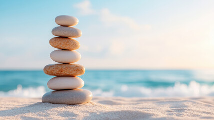 Calm and serene stacked meditation stones on beach at sunset, with gentle waves lapping at shore, creating peaceful atmosphere