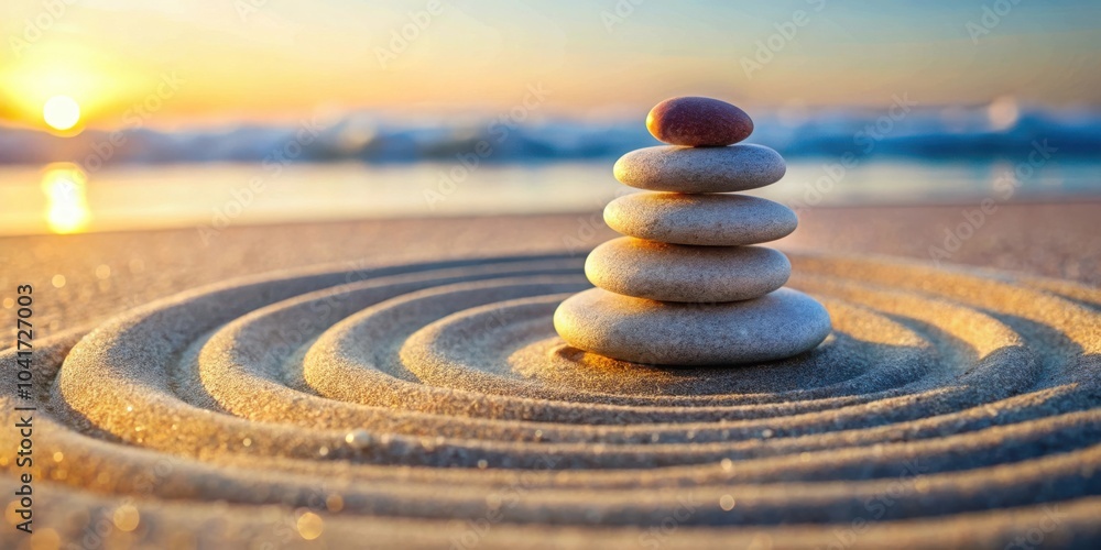 Poster a stack of smooth stones arranged in a zen garden with a soft sunset sky in the background.