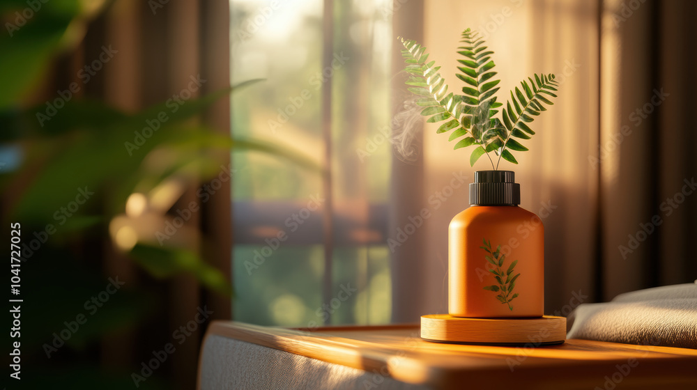 Poster minimalistic bedroom featuring diffuser with essential oils and fern, creating serene atmosphere. so
