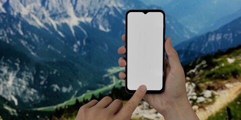 Caucasian White middle aged male using smartphone with a blank white screen. Mountain biking, bike, mountain trail apps mockup. Vertical phone orientation © UnrealHands.com