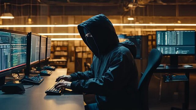 Animation A hooded hacker sits at multiple computer screens, typing lines of code in a dark, high-tech environment. This gripping digital scene highlights the world of cybercrime and modern internet s