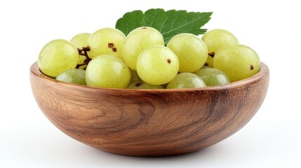 Phyllanthus Emblica. Close-Up of Fresh Green Gooseberry Berries in Wooden Bowl on White Background