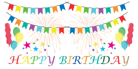Colorfull bunting flags with confetti, ballons and stars. Happy Birthday banner. Birthday party flags. Greeting card for birthday celebration. Vector Illustration.
