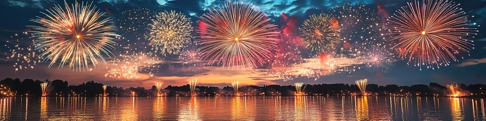 Fototapeta premium Colorful fireworks display over water during night sky
