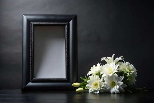 Black frame and white flowers on black background for obituary notice funeral announcement necrology