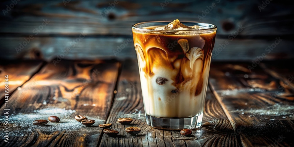 Poster a refreshing iced coffee drink with a smooth and creamy texture, topped with ice and beautifully lay